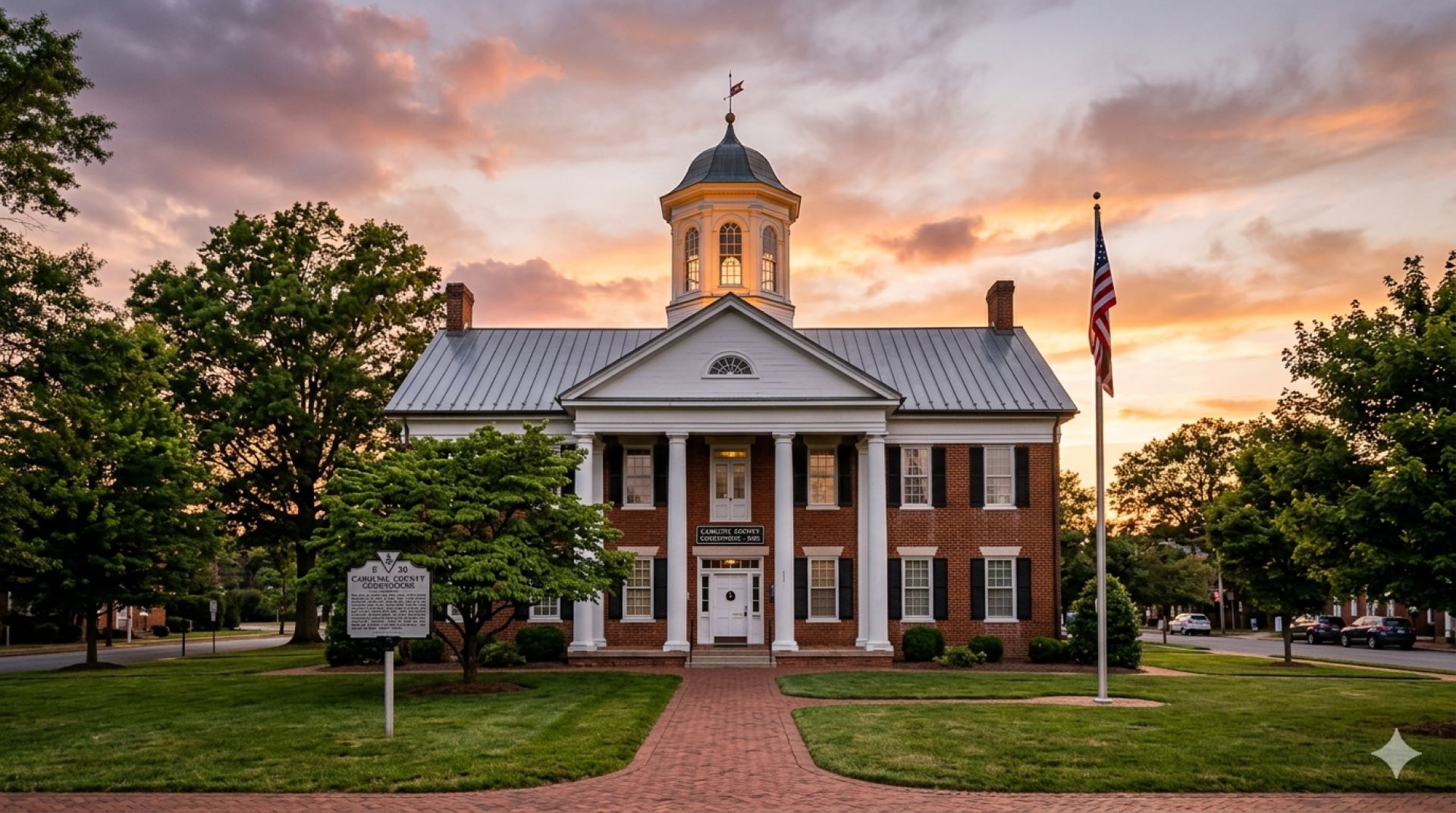 unset view of the historic Caroline County Courthouse in Bowling Green, VA, representing local roofing services.