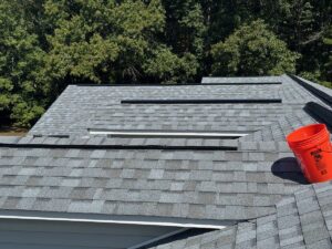 Bird's-eye view of a newly installed architectural shingle roof in Ruther Glen, VA featuring black ridge vents and clean rooflines.