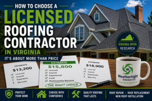 Featured image for a guide on choosing a licensed roofing contractor in Virginia, showing roofing estimates, a residential roof, and Weathertight Exteriors LLC branding.