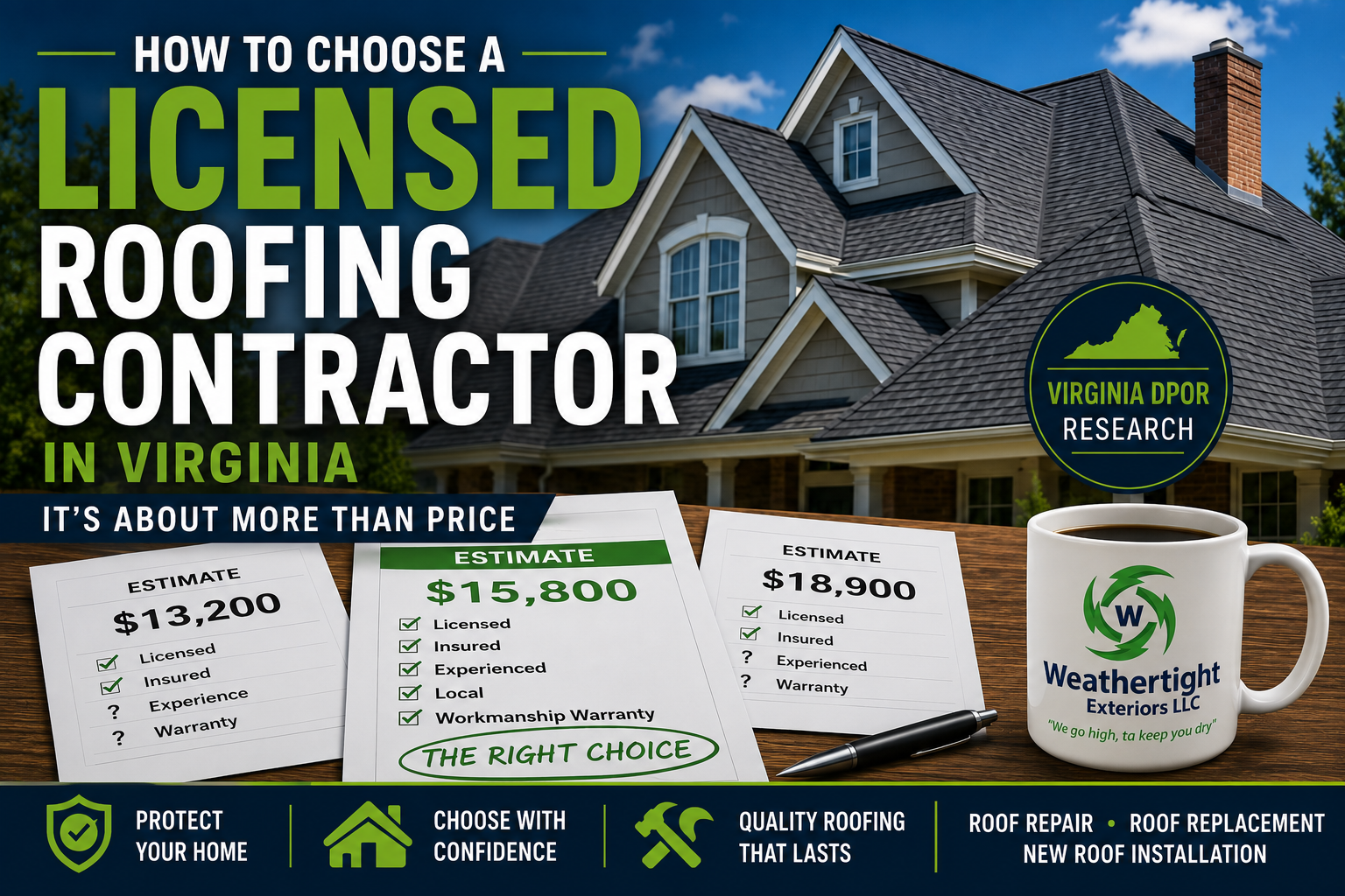Featured image for a guide on choosing a licensed roofing contractor in Virginia, showing roofing estimates, a residential roof, and Weathertight Exteriors LLC branding.