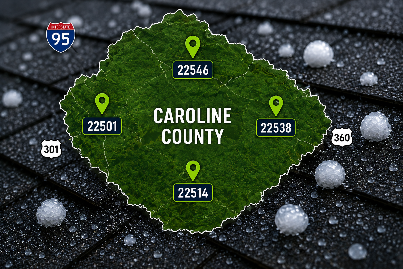 Recent July hail activity map for Caroline County, VA showing affected ZIP codes 22546, 22501, 22538, and 22514 over a hail-damaged roof.