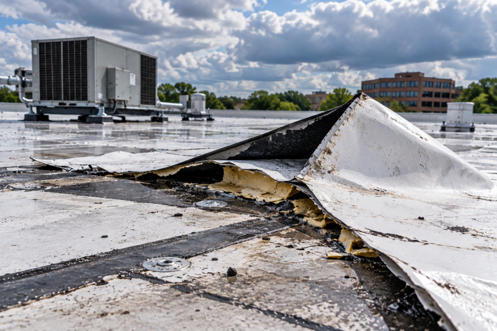 Storm-damaged commercial roof membrane requiring repair in Virginia